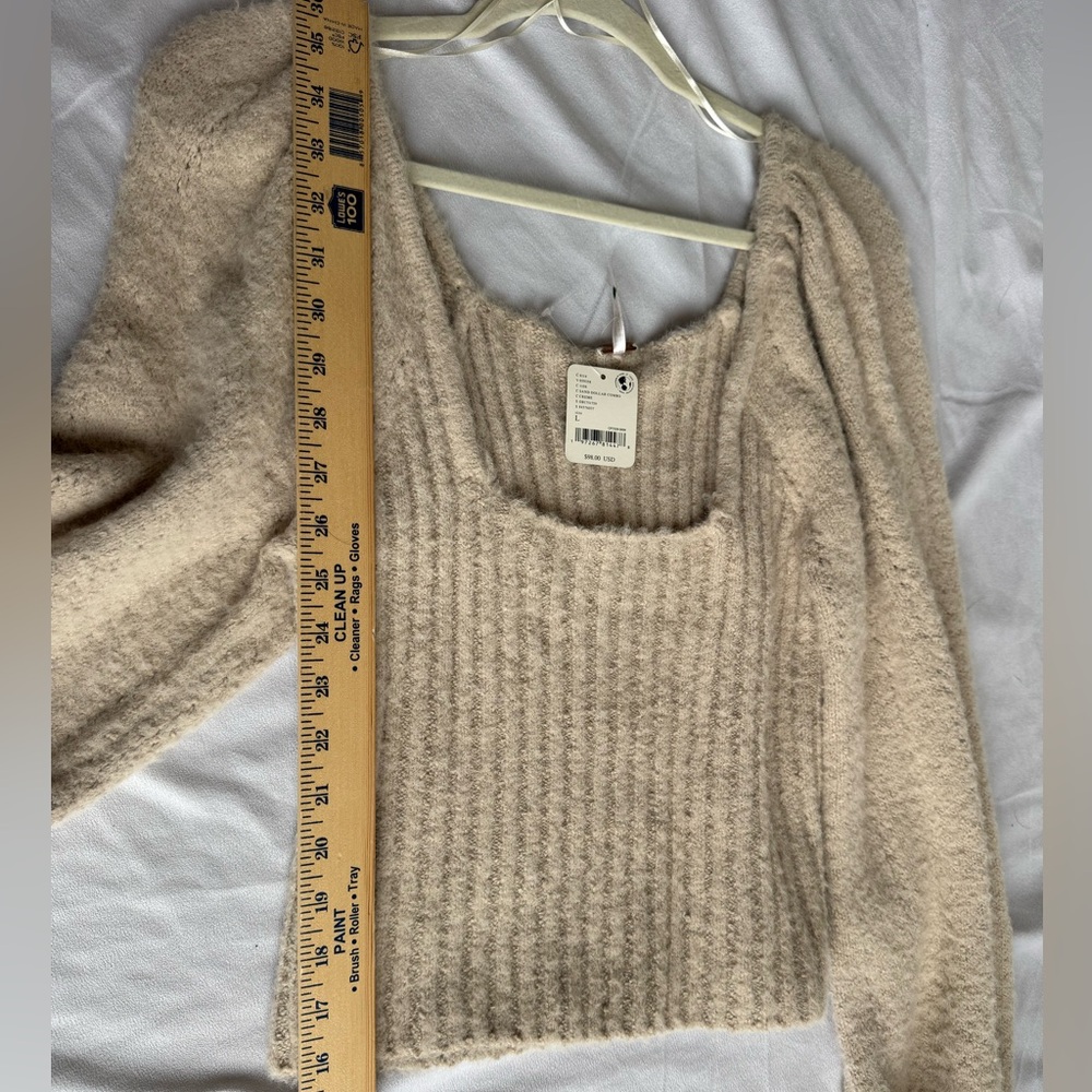 Free People Katie Rib Pullover Sweater Large Sand Balloon Sleeve Rib Cropped - Picture 11 of 11